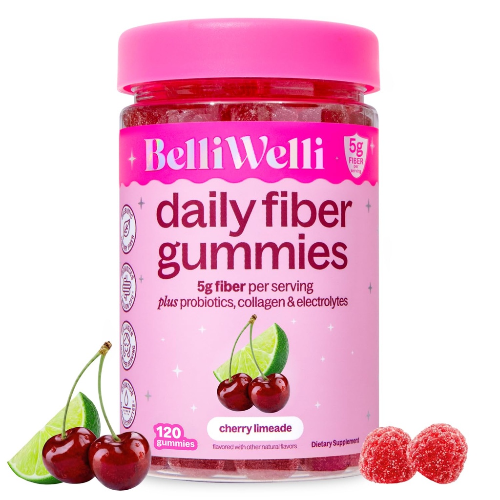 Belli Welli Fiber 4-in-1 Fiber Gummies Supplement with Added Probiotics, Collagen and Electrolytes for Regularity and Bloat Relief, 120 Count (Cherry Limeade)
