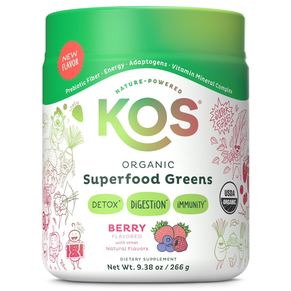 KOS Organic Superfood Greens Powder - Gut Health from Prebiotic Fiber, Supergreens and Adaptogens - USDA Certified Organic, Made in a GMP Certified Facility - 28 Services Berry