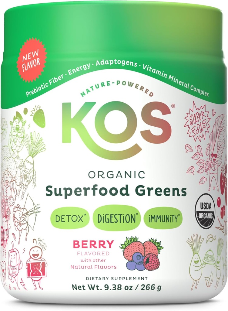 KOS Organic Superfood Greens Powder - Gut Health from Prebiotic Fiber, Supergreens and Adaptogens - USDA Certified Organic, Made in a GMP Certified Facility - 28 Services Berry