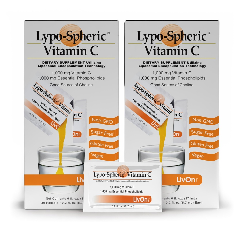 LivOn Laboratories Lypo–Spheric Vitamin C – 1, 000 mg Βιταμίνη C & 1, 000 mg Essential Phospholipids Per Packet – Liposome Encapsuled for βελτιωμένη απορρόφηση – Non–GMO( 2 Κουτιά, 60 συσκευασίες)
