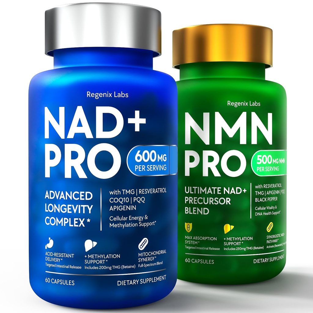 Ultimate NAD+ and NMN Longevity Bundle – 2-Pack Cellular Energy & Anti-Aging Complex with Resveratrol, CoQ10, TMG, PQQ & Apigenin – Acid-Resistant Vegan Capsules for Mitochondrial & DNA Support
