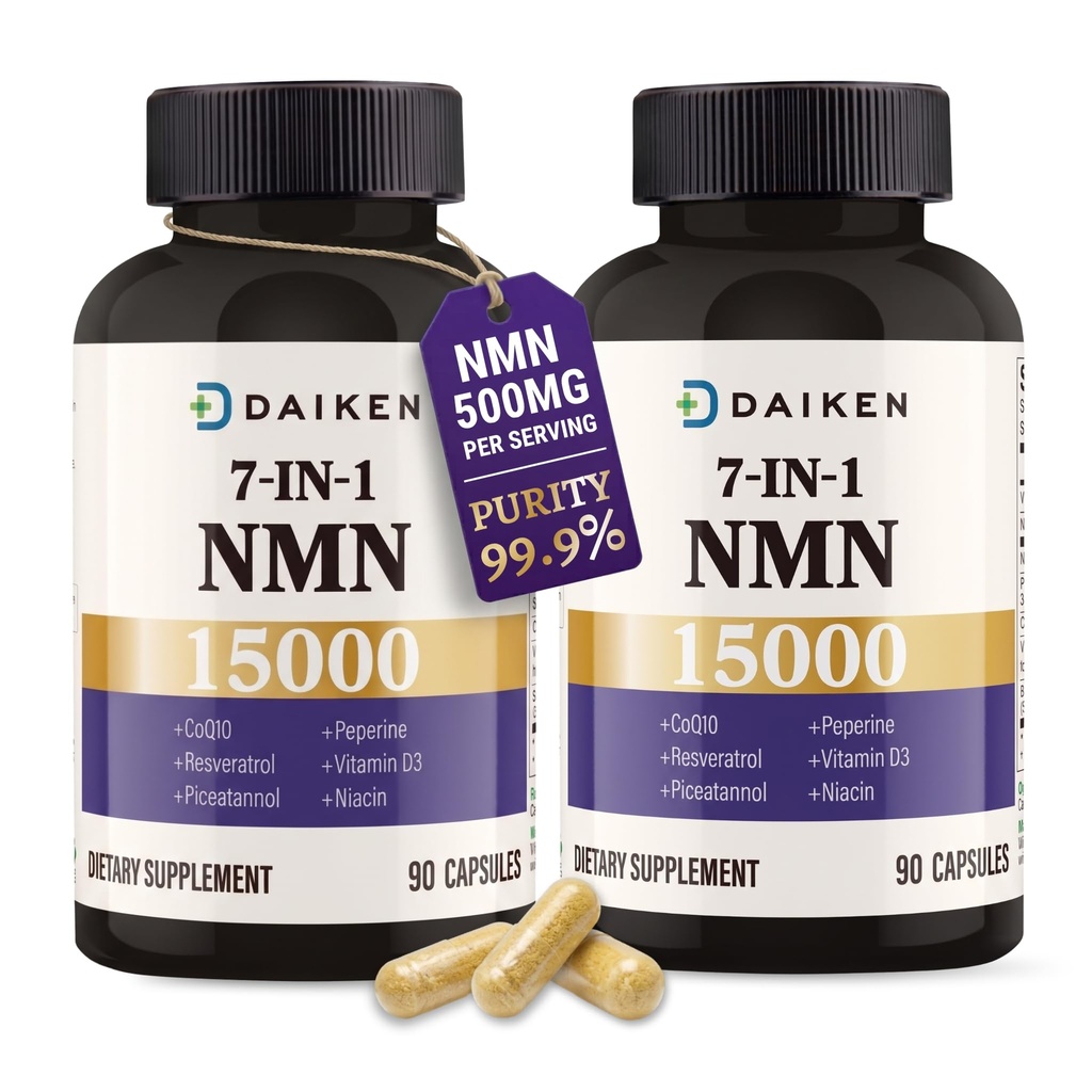DAIKEN NMN 15000 Advanced Formula, 500mg β-Nicotinamide Mononucleotide with Niacinamide, CoQ10 & Resveratrol, Non-GMO - 90 Veggie Capsules, 90 Count (Pack of 2)