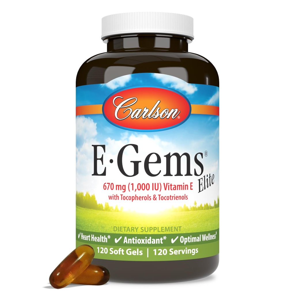 Carlson - E-Gems Elite, 1000 IU Vitamin E with Tocopherols & Tocotrienols, Heart Health & Optimal Wellness, Antioxidant, 120 soft gels