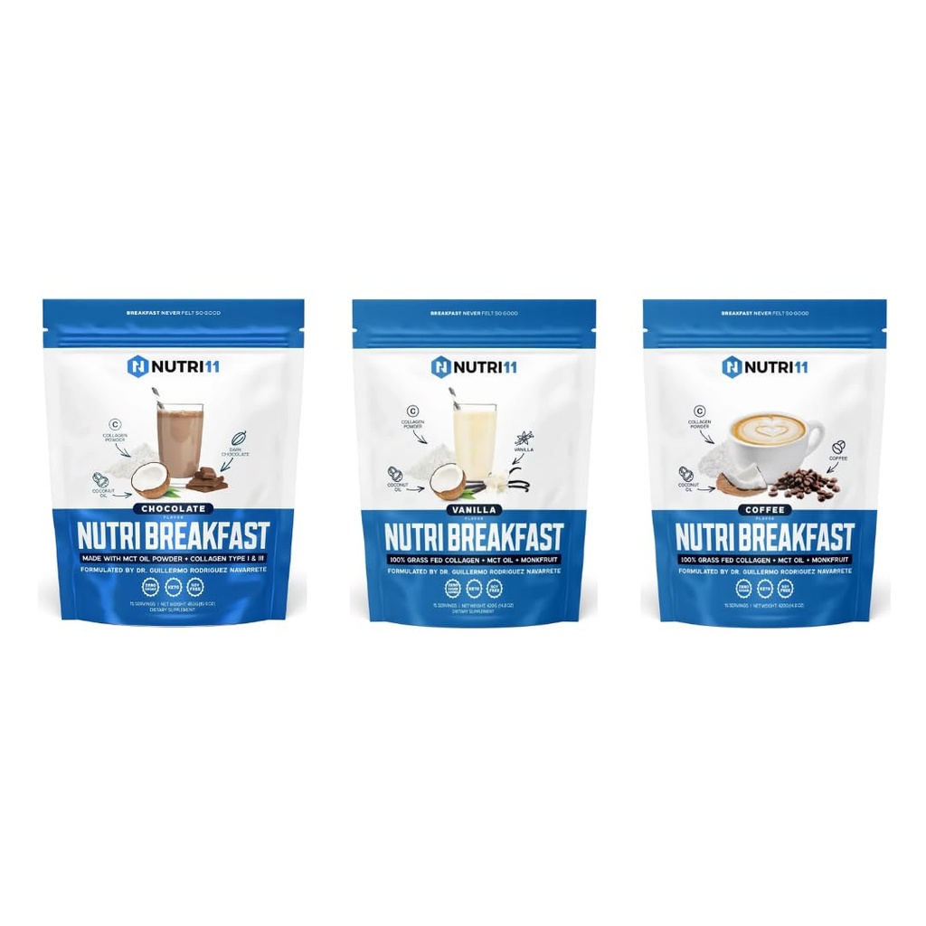 NutriBreakfast by Nutrillermo | Keto Collagen Protein Powder Bundle – Chocolate, Vanilla & Coffee | Grass-Fed Collagen with MCT Oil & Coconut Creamer | Energy, Focus & Wellness Support