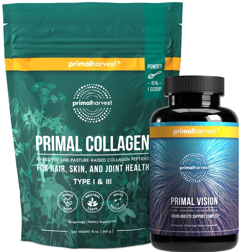 Primal Harvest Collagen Powder & Vision Supplements for Women and Men Vision and Eye Support Complex with Lutein, Zeaxanthin Bundle