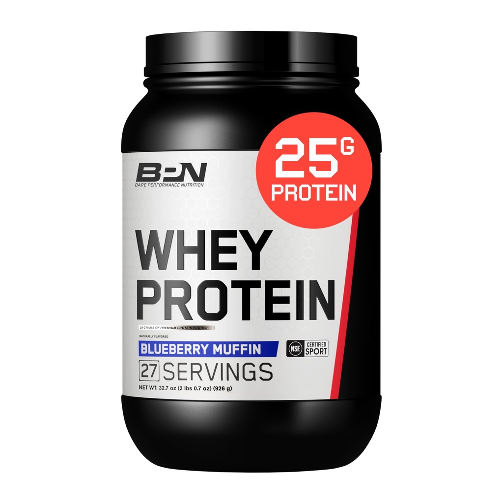 BARE PERFORMANCE NUTRITION, BPN Whey Protein + Casein Protein Powder Blend, Blueberry Muffin, 25g Protein per Serving Supports Lean Muscle Recovery, 27 Servings, Third Party Tested