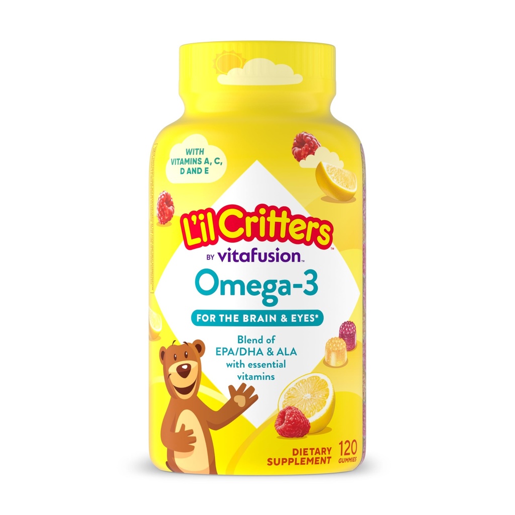 Lil Critters Kids Omega 3 Gummies | 120 Gummy Vitamins | Blend of EPA, DHA & ALA | with Vitamins A, C, D, E | Raspberry Lemonade | Gluten-Free Children's Supplement