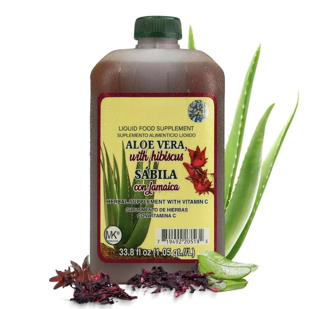 Aloe Vera, Hibiscus (Jamaica) Herbal Supplement – 33.8 fl oz (1.05 qt / 1L) – with Vitamin C for Digestive & Immune Support
