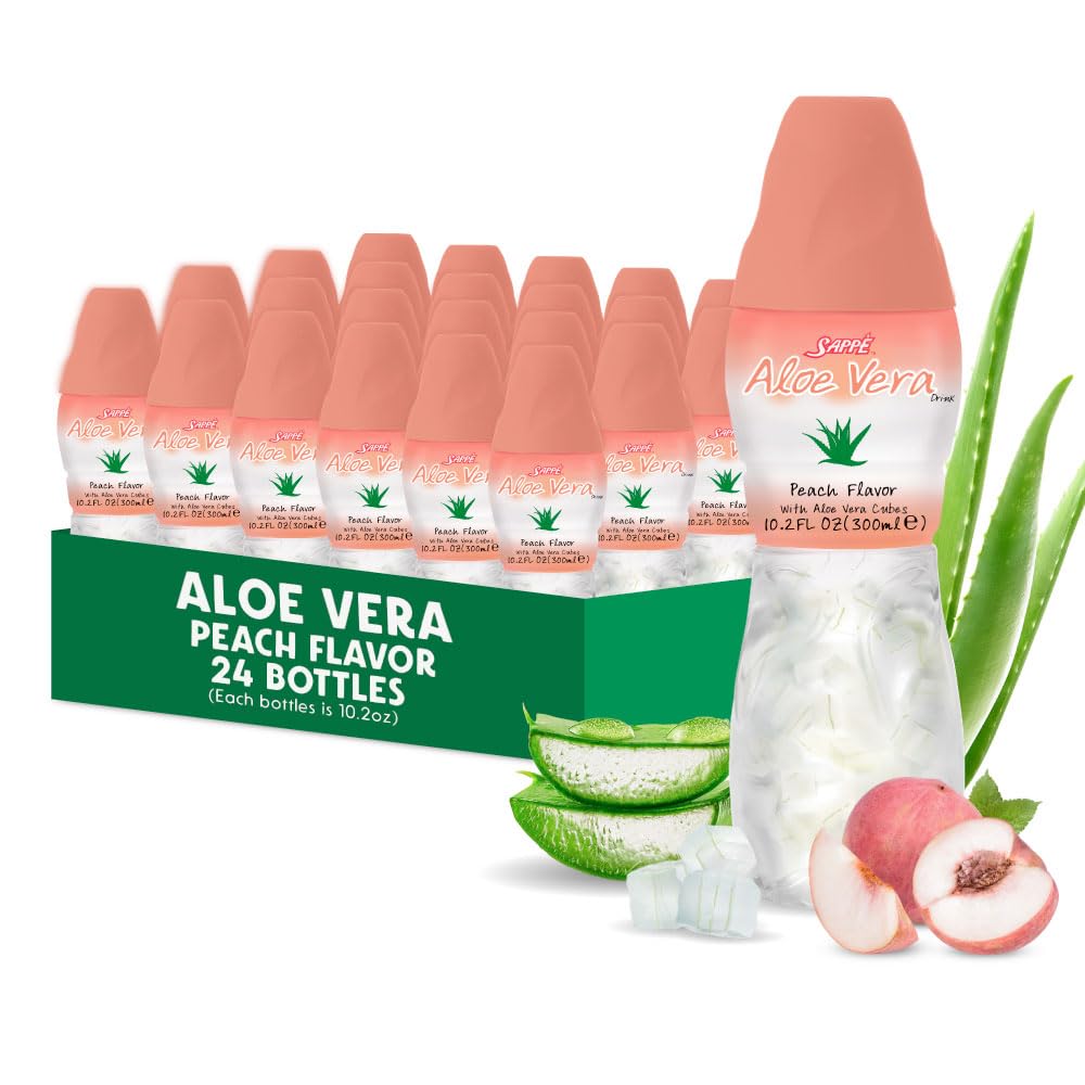 Aloe vera juice (Peach flavored) with bigger chunky pure aloe pulp, 24-Bottle Carton Pack, Plant based juice great for hydration and contains large aloe pulp. It is healthy for adults and kids