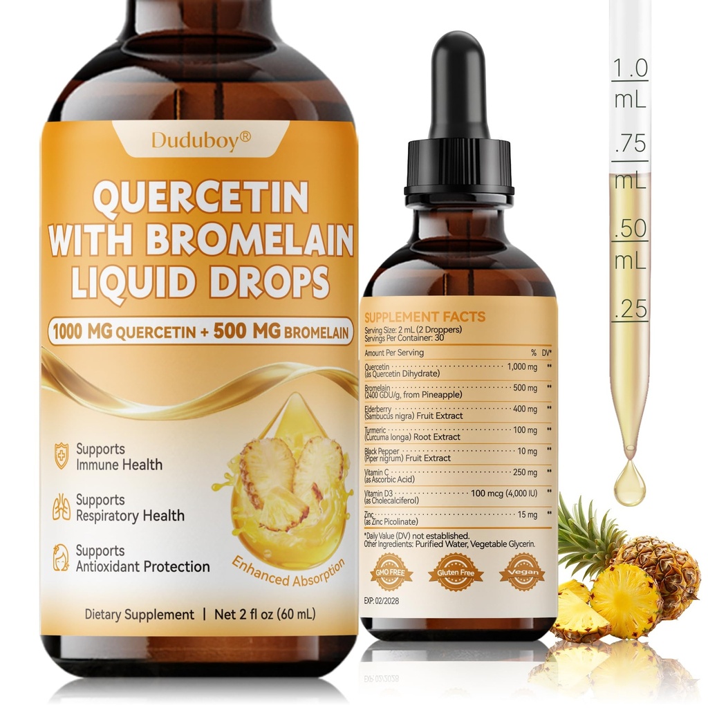 Quercetin with Bromelain Liquid Drops, 4X Stronger Than Pills & Capsules, 8 in 1 Quercetin with Bromelain, Elderberry, Vitamin C & D3, Immune, Respiratory Health & Antioxidant Support, 2 Fl Oz