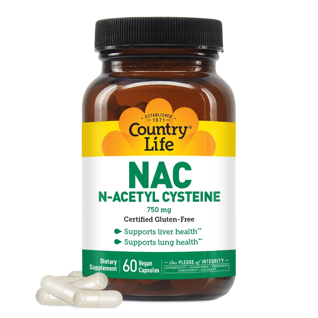Country Life N-Acetyl Cysteine (NAC) 750 mg – Premium Liver Support and Lung Health Supplement – Powerful Antioxidant Protection, Liver Detox & Cleanse, Immune Support, 60 Vegetarian Capsules