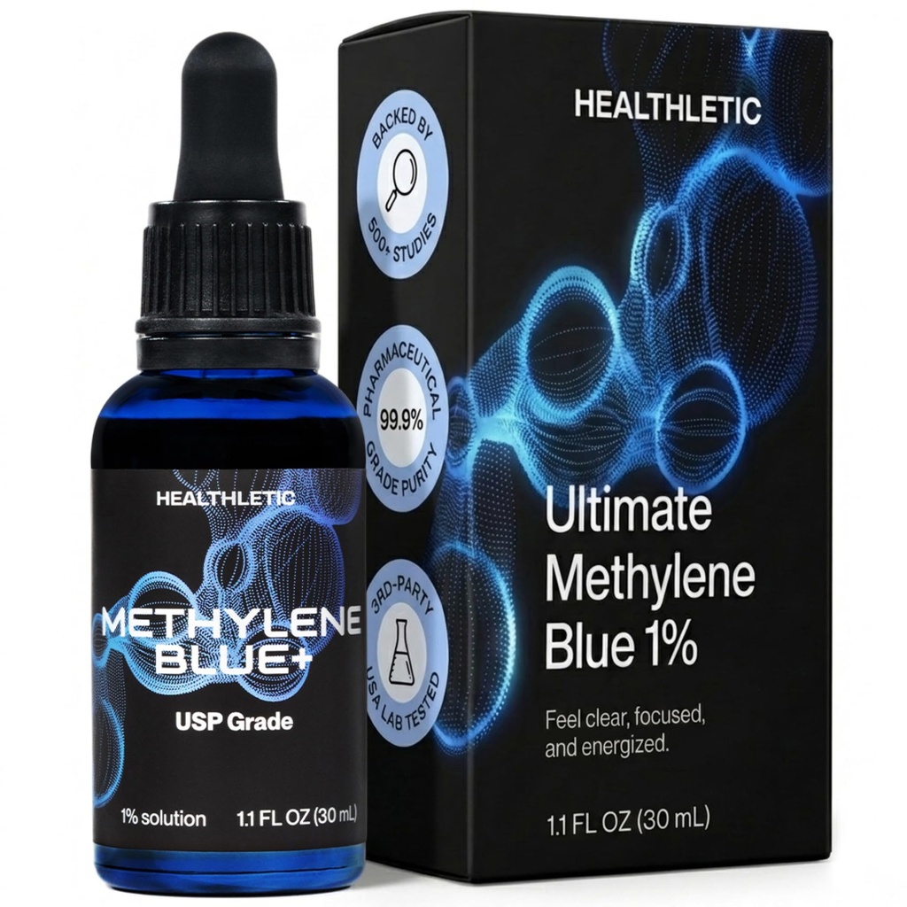 HEALTHLETIC Methylene Blue Drops - USP Pharmaceutical Grade 1% Solution Made in USA - Supports Mental Clarity, Focus & Cellular Energy - 3rd Party Tested with COA - No Formaldehyde (30ml / 1.1 fl.oz)