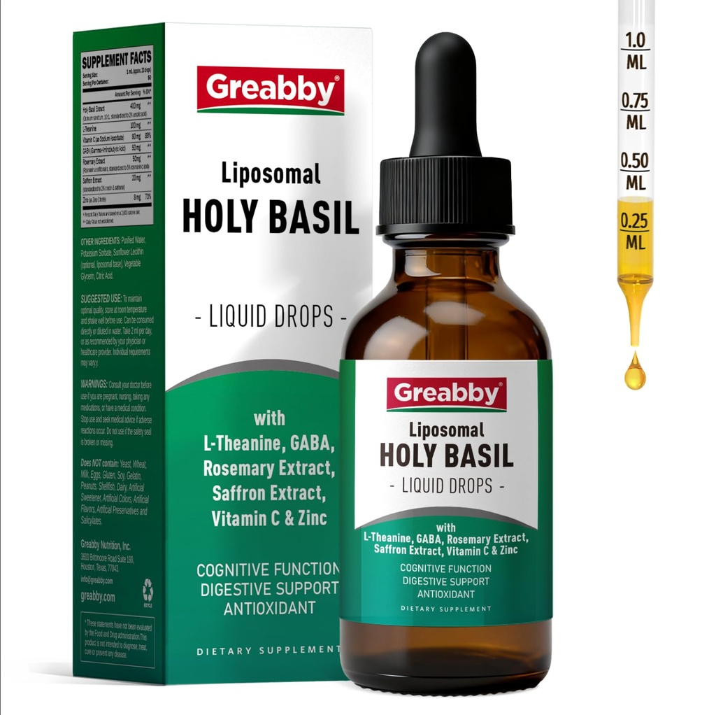 Holy Basil Tincture, Liquid Saffron Holy Basil Rosemary Supplement Drops for Kids & Adults, with Theanine, GABA, Vitamin C & Zinc, Stress Relief, Brain & Vision Support, 2 Fl Oz