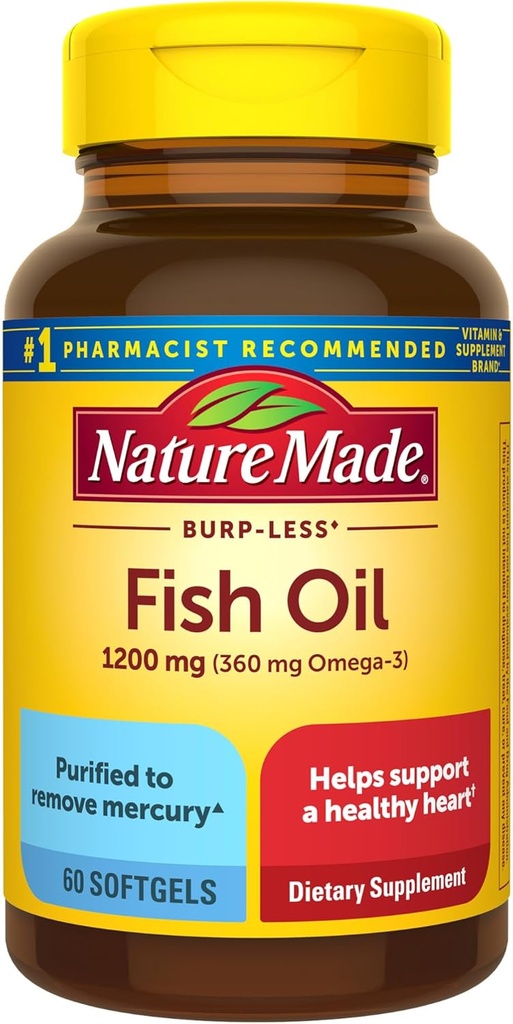 Nature Made Burp Less Fish Oil Omega 3 Συμπληρώματα, 1200 mg Softgels, EPA DHA Omega 3 Fish Oil Συμπληρώματα για Υγιεινή υποστήριξη καρδιάς, 60 Softgels, 30 ημέρες προσφοράς