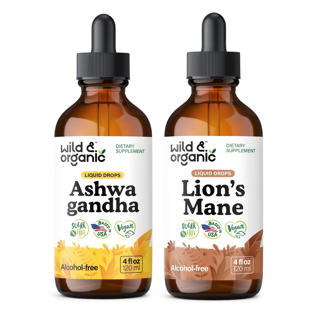 Wild & Organic Ashwagandha Tincture 4 fl oz & Lion's Mane Tincture 4 fl oz