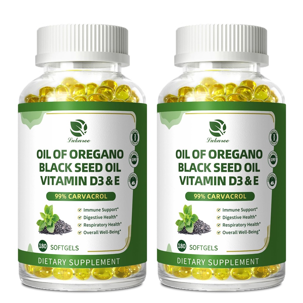 Lukaree Organic Oregano Oil Capsules with Black Seed Oil, Ultra-Concentrated 99% Carvacrol, 5-in-1 with Vitamin D3 E Black Pepper, Immune, Respiratory, Digestive & Antioxidant*, 180 Softgels, 2 Pack