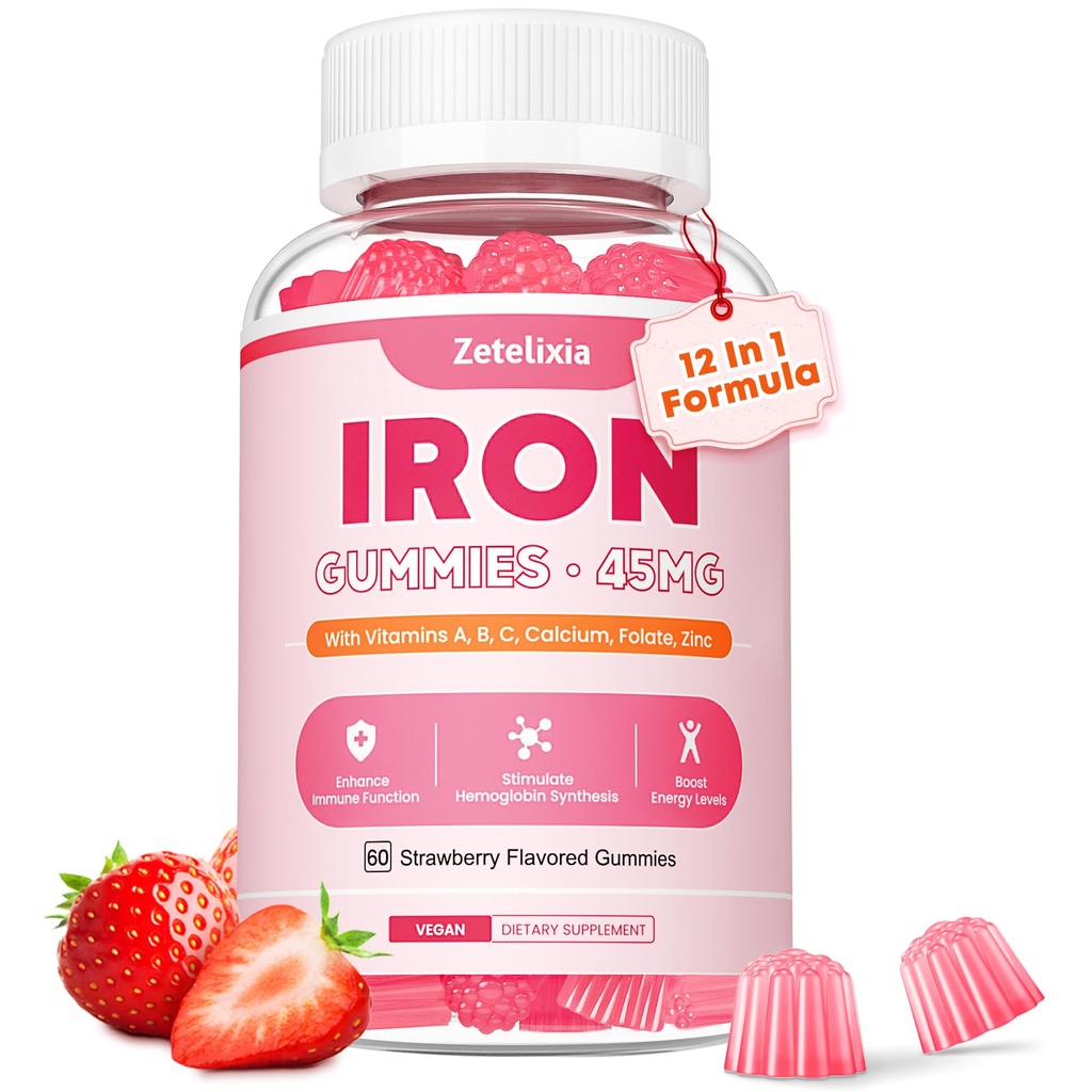 Συμπληρώματα Vegan Iron Gummies για γυναίκες & άνδρες, αναιμία, Builder αίματος και την ενεργειακή υποστήριξη για την έλλειψη σιδήρου, με βιταμίνη C, Α, B Complex, Folate, CoQ10, Χωρίς ζάχαρη, μη-GMO, 60 Count