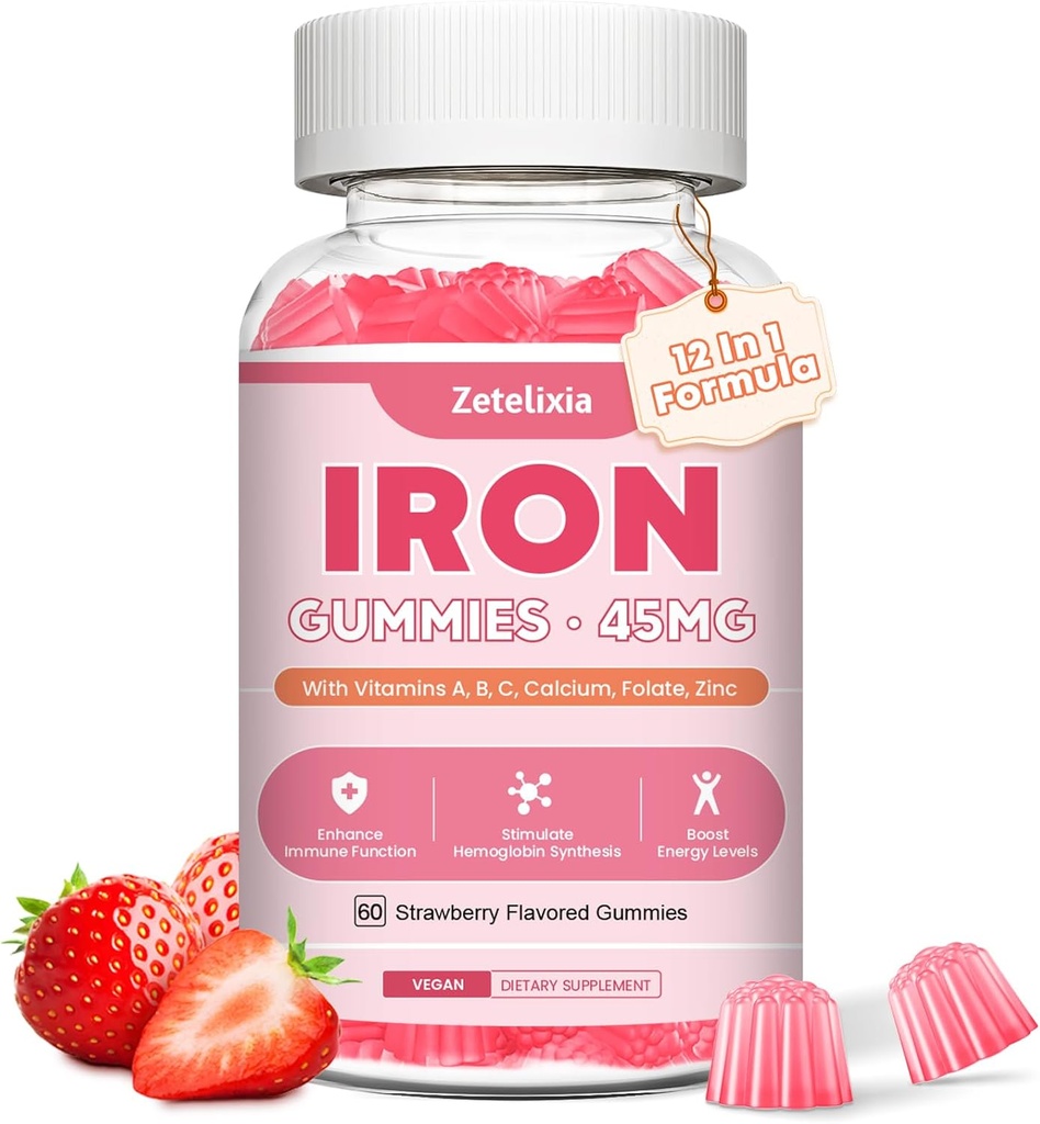 Συμπληρώματα Vegan Iron Gummies για γυναίκες & άνδρες, αναιμία, Builder αίματος και την ενεργειακή υποστήριξη για την έλλειψη σιδήρου, με βιταμίνη C, Α, B Complex, Folate, CoQ10, Χωρίς ζάχαρη, μη-GMO, 60 Count