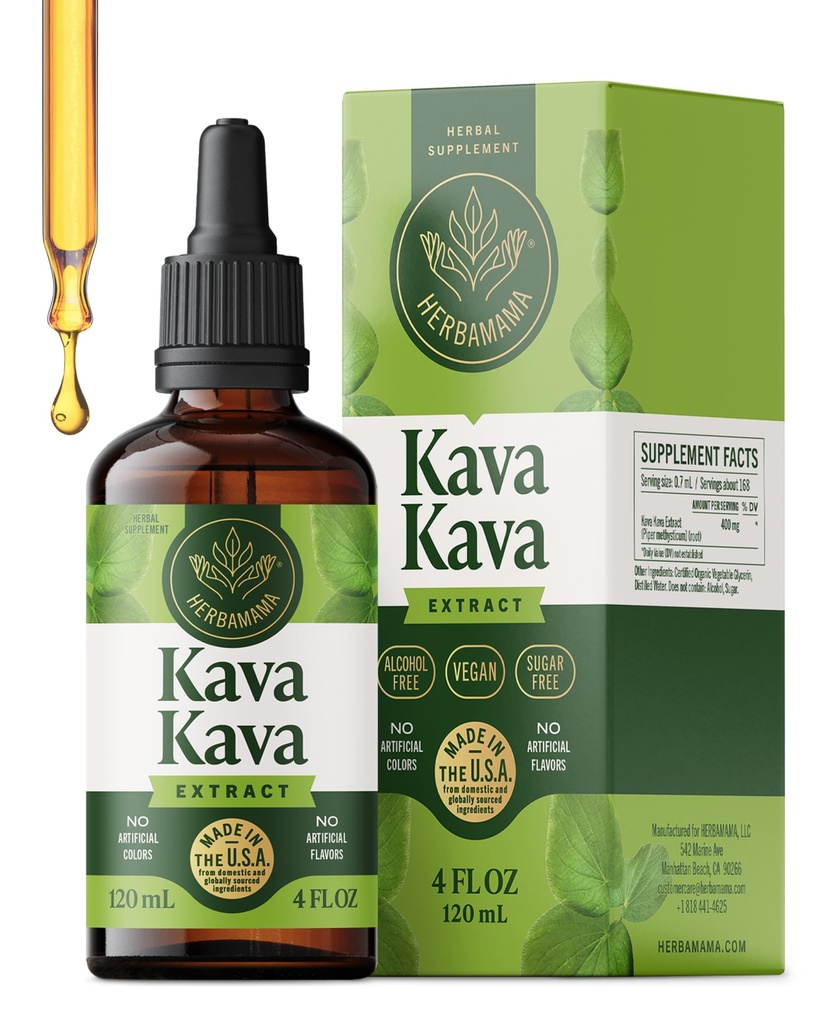 HERBAMAMA Kava Kava Tincture - Vegan Relaxation & Mood Support with Root Extract - Non-GMO, Alcohol & Sugar-Free Liquid Calming Supplement, 168-Day Supply