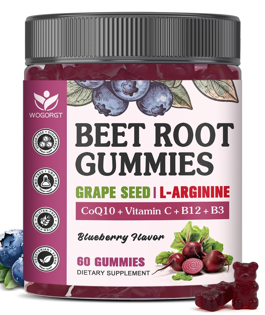 WOGORGT Beet Root Gummies for Men & Women - Blood Pressure Support - Beetroot Supplement with Grape Seed Extract, CoQ10, L-Arginine, Vitamin C, B12 & B3 - Vegan, Sugar-Free, Blueberry Flavor, 60 Ct