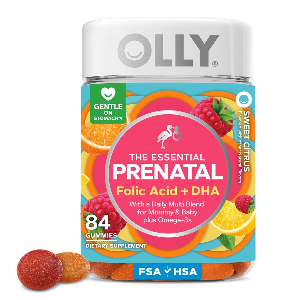 OLLY Prenatal Multivitamin Gummy, Daily Multi Blend for Mommy & Baby, Folic Acid, Omega 3 DHA, Vitamins A & D, Sweet Citrus Flavored, 42 Day Supply - 84 Count