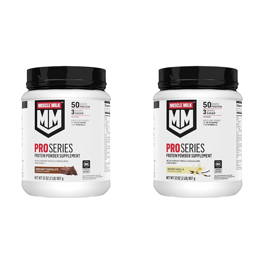 Muscle Milk Pro Series Protein Powder, Knockout Chocolate & Intense Vanilla, 2-2 Pound Bags, 50g Protein, 20 Vitamins & Minerals