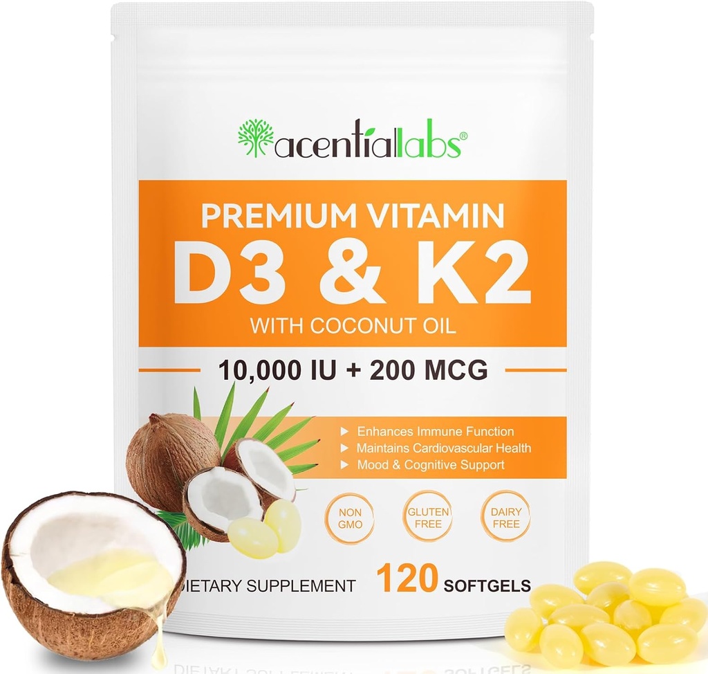Συμπλήρωμα βιταμίνης D3 K2 Softgels, 10000 IU VIT D3 + 200 MCG K2 (MK-7) 