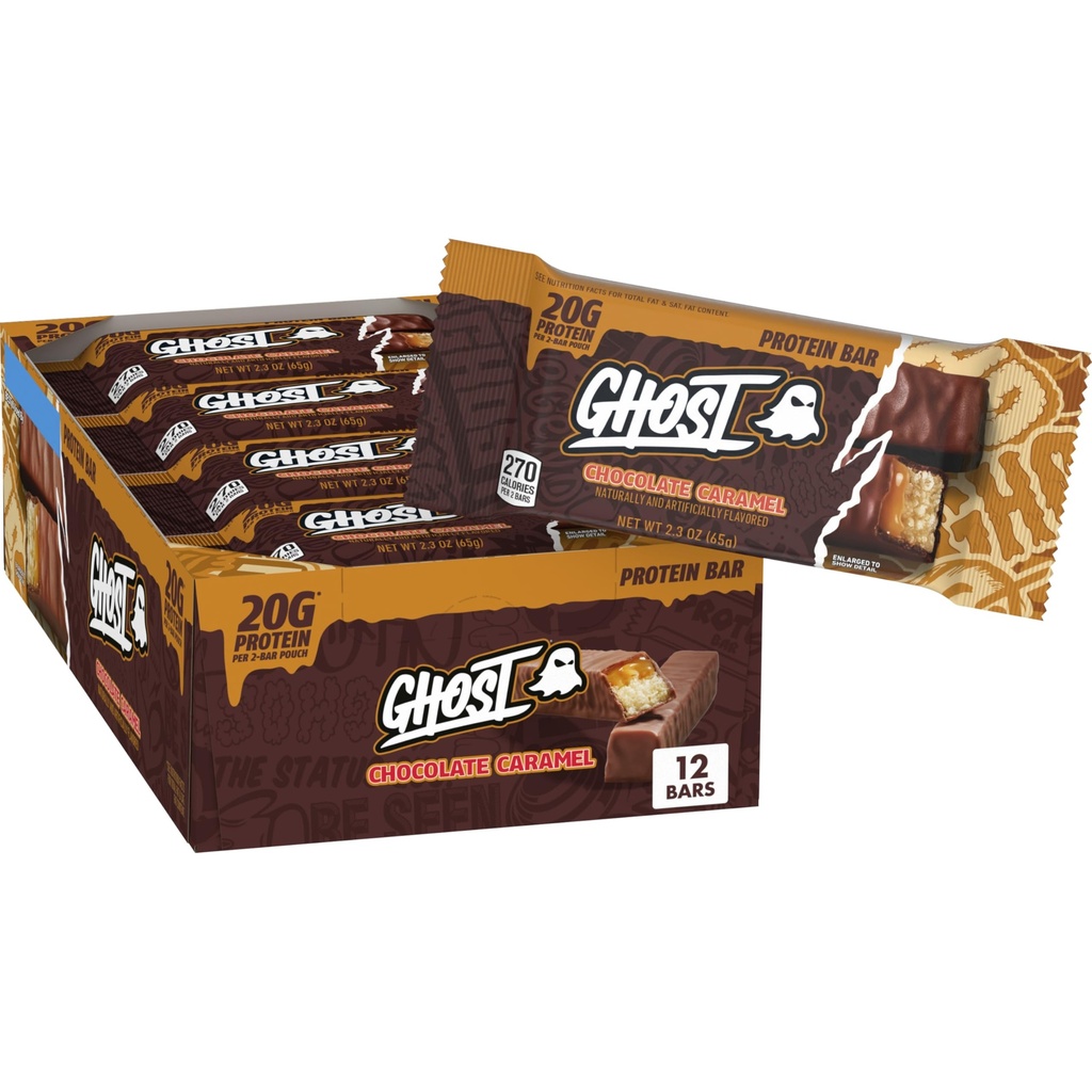 GHOST PROTEIN BAR, CHOCOLATE CARAMEL Flavor, 20G Protein, 2G Sugar, 12 Dual-Bar Packs, 27.6 oz