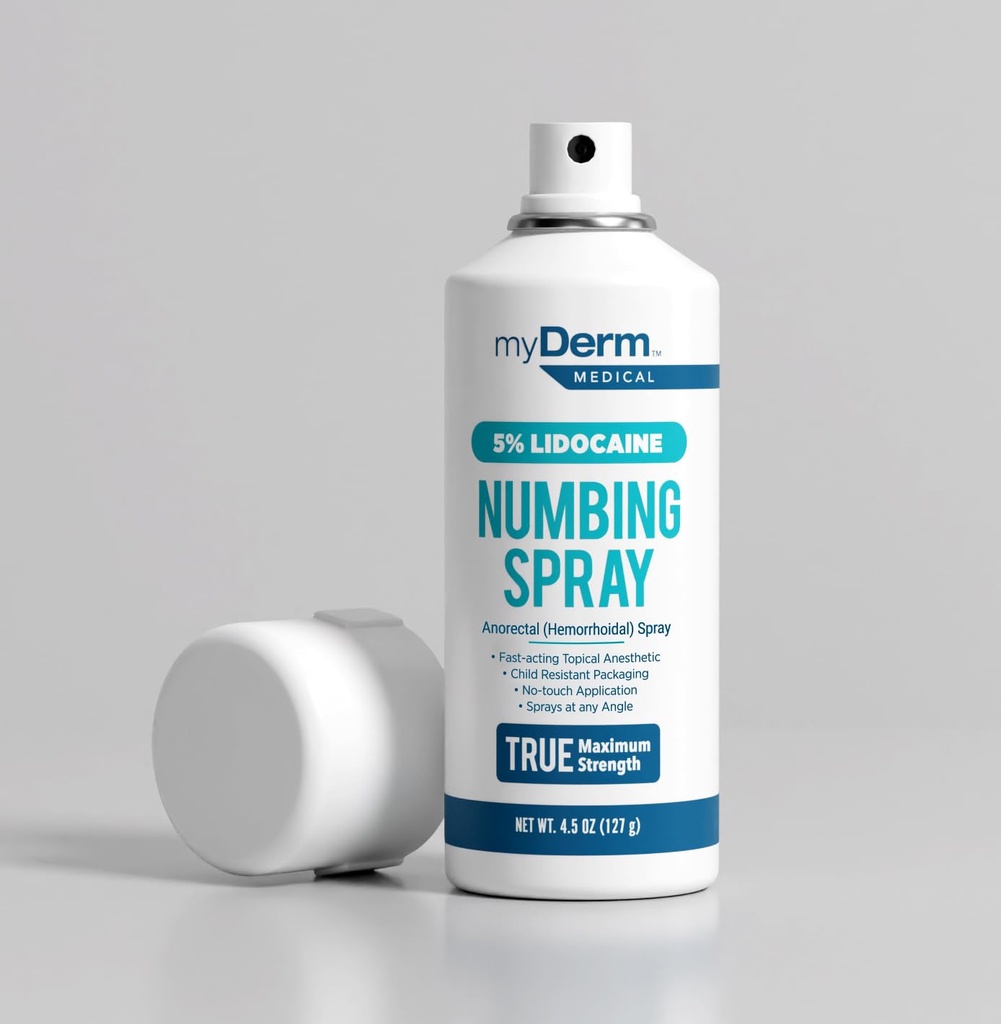 Myderm Medical Numbing Spray - 4.5oz - Maximum Strength 5% Lidocaine with Phenylephrine HCl and Witch Hazel - Fast-Acting Reliever with A Touch-Free Application - First Aid Supplies - Made in USA