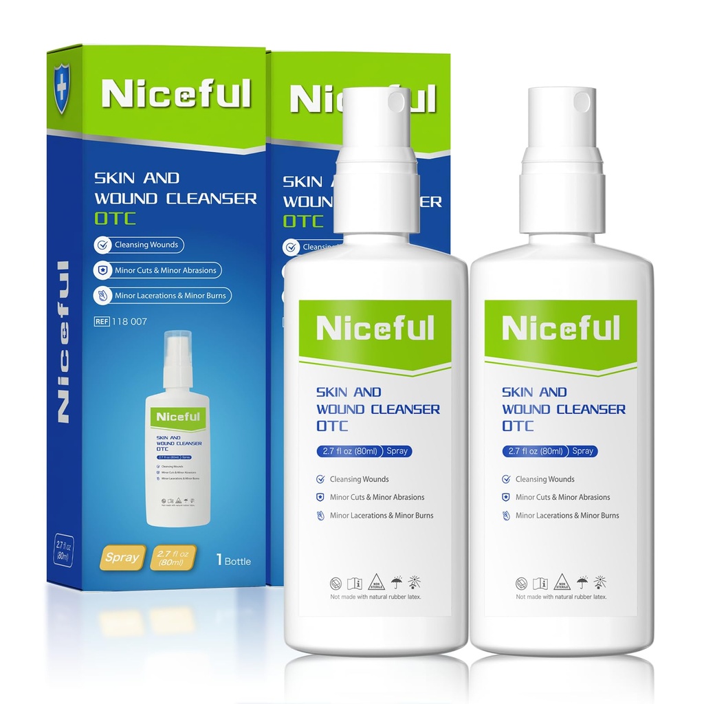 Niceful Skin and Wound Cleanser, Sting-Free First Aid Antiseptic Spray for Minor Cuts, Scrapes, Piercing Aftercare, Burns, Tattoos, Portable 360° Spray, 2.7fl oz(Pack of 2)