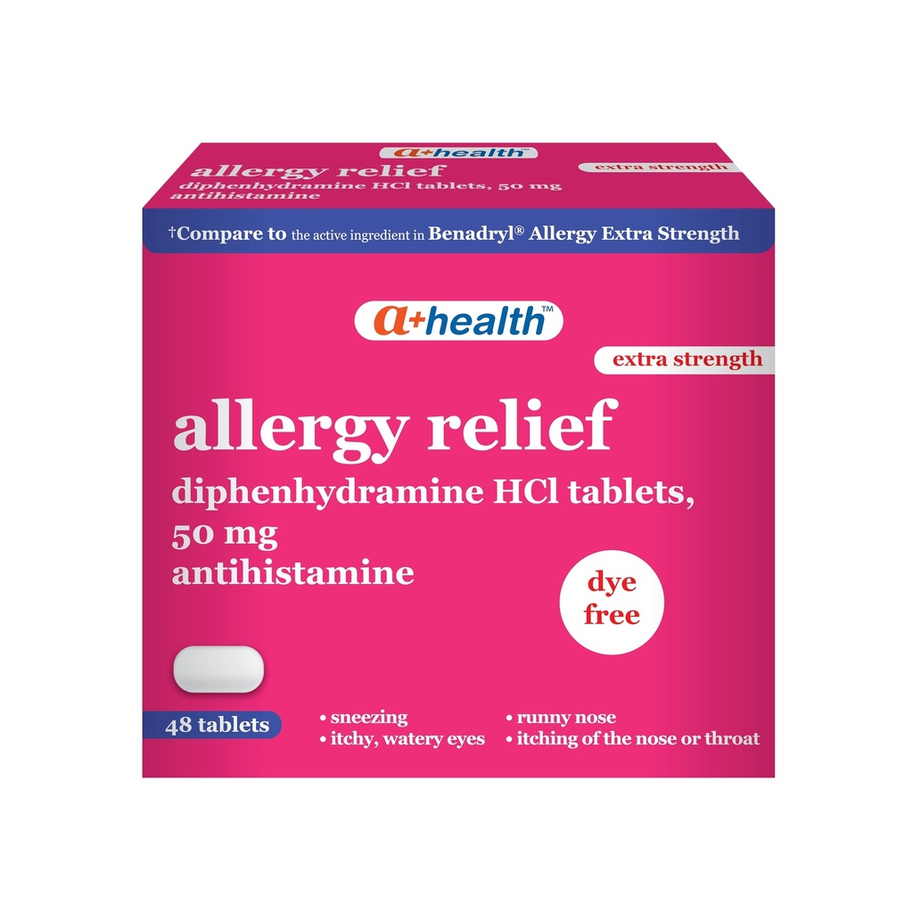 A+Health Allergy Relief Extra Strength, Diphenhydramine HCl 50mg Tablets, 48 Count, Dye-Free, Antihistamine, Relief of Runny Nose Sneezing Watery Eyes
