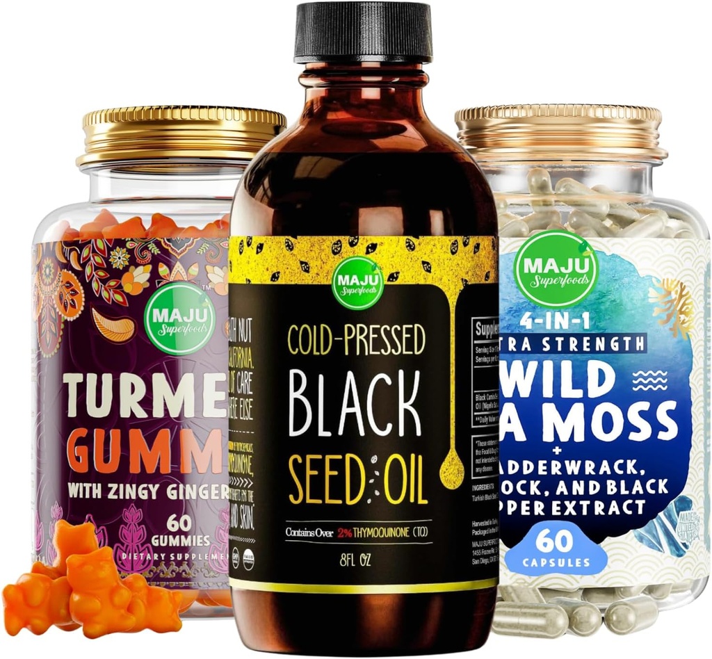 Maju Superfoods Μαύρο Έλαιο Σπέρματος, 4-σε-1 Κάψουλες Θαλάσσης Μος και Turmeric Κουρκουμίνη Ginger Gummies Bundle