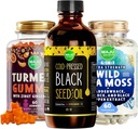 Maju Superfoods Μαύρο Έλαιο Σπέρματος, 4-σε-1 Κάψουλες Θαλάσσης Μος και Turmeric Κουρκουμίνη Ginger Gummies Bundle