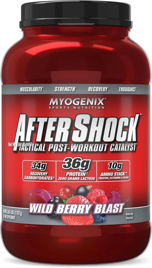 Myogenix Aftershock μετά την προπόνηση σε σκόνη – πρωτεΐνη ορού γάλακτος με υδατάνθρακες για την αποκατάσταση των μυών και τα καύσιμα – Wildberry Blast, 3 lbs