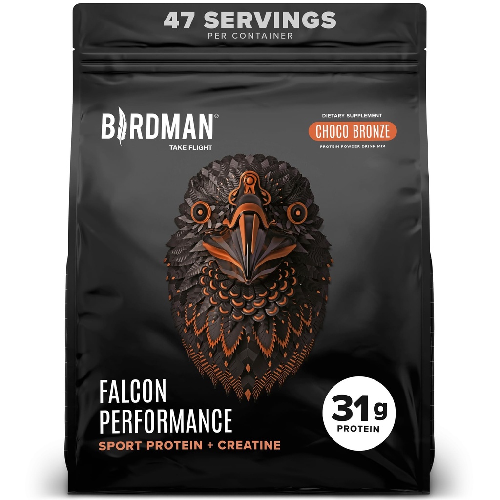 Birdman Falcon Performance Vegan Protein Powder, 31g Protein, 5g Creatine, 5g BCAA, Probiotics, Electrolytes, Pre Workout, Low Carb, Sugar Free & Dairy Free, Plant Based Chocolate Protein -47 servings