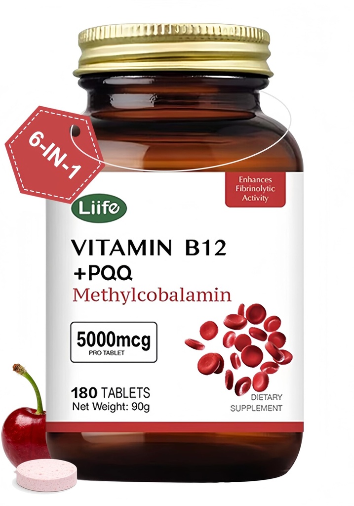LIIFE Methylcobalamin (Higher PQQ + Vitamin B12) 5000 mcg | Boosts Antioxidant Power & Mitochondrial Support, Promotes Brain & Nerve Health | 180 Chewable Tablets, Gluten-Free Formula, Cherry Flavor