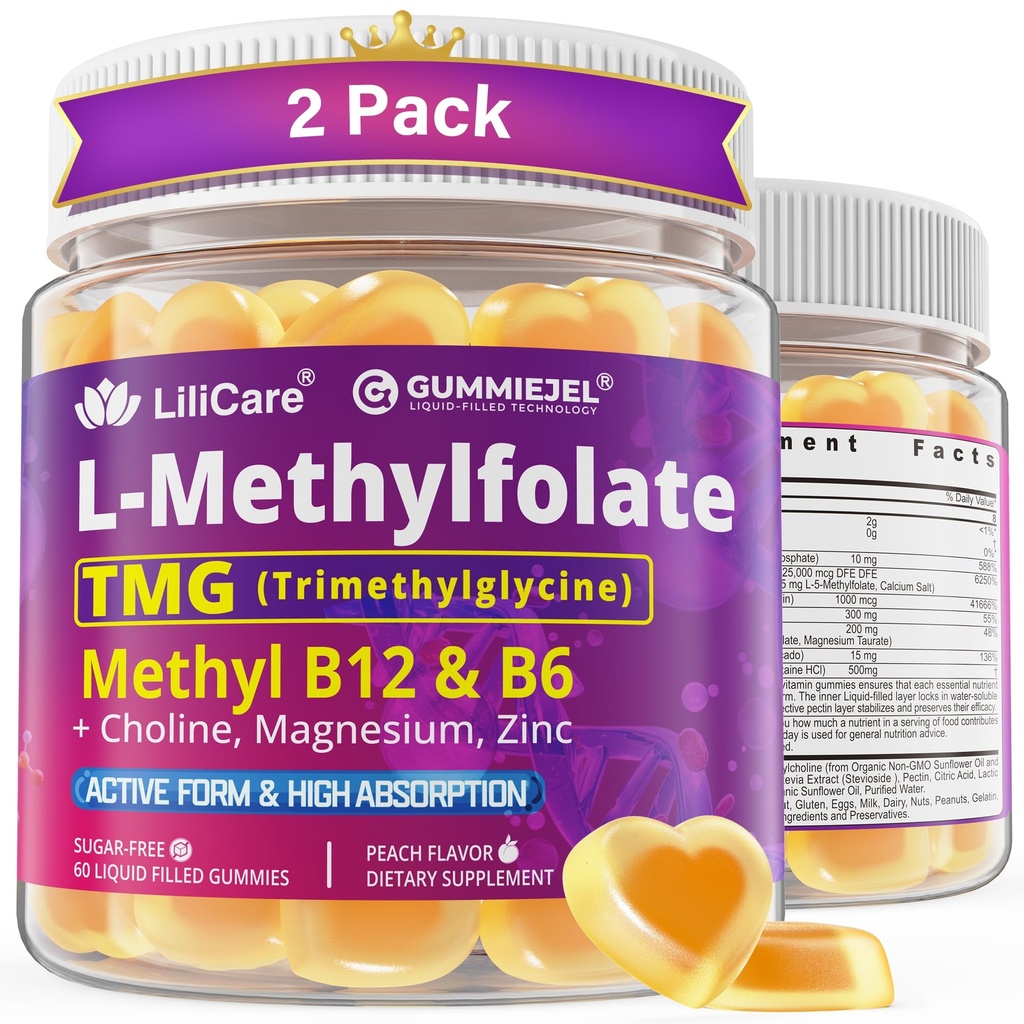 L-MethylFolate 15mg 7.5mg & B12 1000 mcg Gummies, Methylated B Complex + TMG, Magnesium, Choline - Active 5-MTHF(B9) + Methyl B12, B6, Multivitamin - Methylation, Cognition, Mood, Sugar Free, 2 Pack