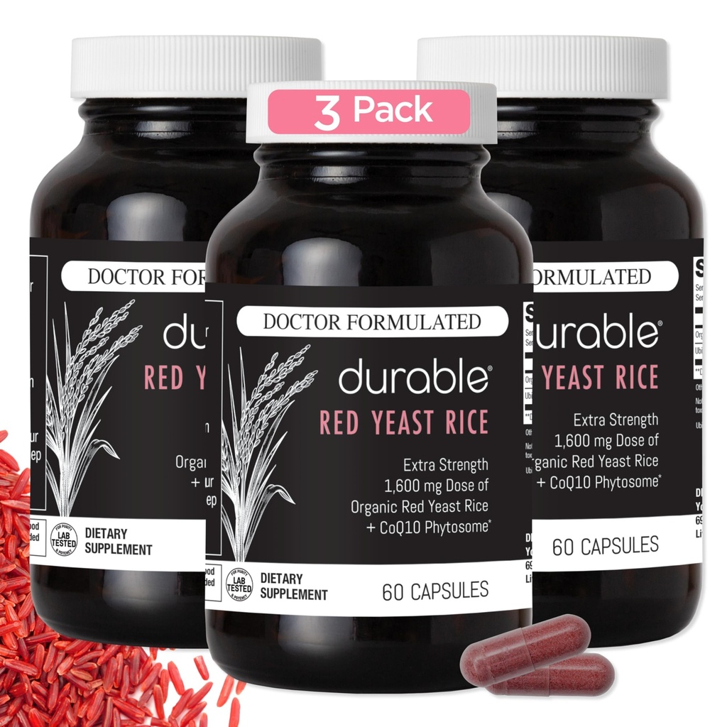 Durable RED Yeast Rice – Organic 1,600 mg Extra Strength + CoQ10 Phytosome – Supports Healthy Cholesterol, Heart, Lipids & Circulation – Doctor Formulated, Non-GMO, Vegan, Made in USA (180 Capsules)