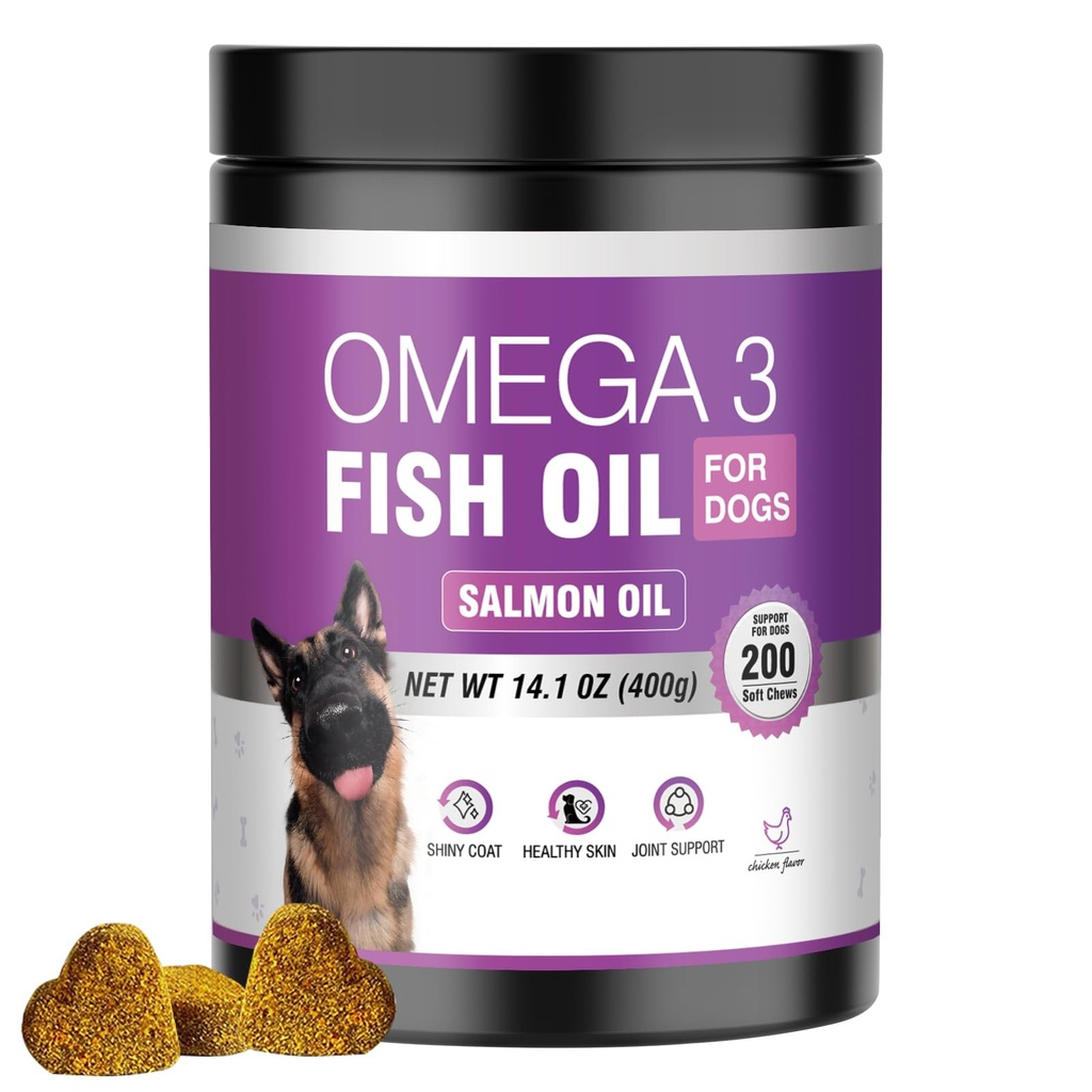 Fish Oil for Dogs Allergy and Itch Relief Chews - Omega 3 for Dog Skin and Coat Care - Salmon Oil for Dogs Anti Shedding Supplement Hot Spot Treatment EPA & DHA 200 Ct