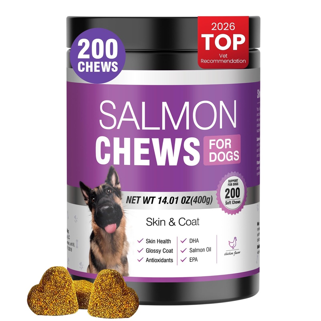 Omega 3 Skin and Coat Supplement for Dogs 200 Chews Dog Fish Oil Supplements with EPA & DHA Fatty Acids Dry Skin Relief for Dogs Shedding Allergy Itching Promotes Heart Hip Joint Health Chicken Flavor