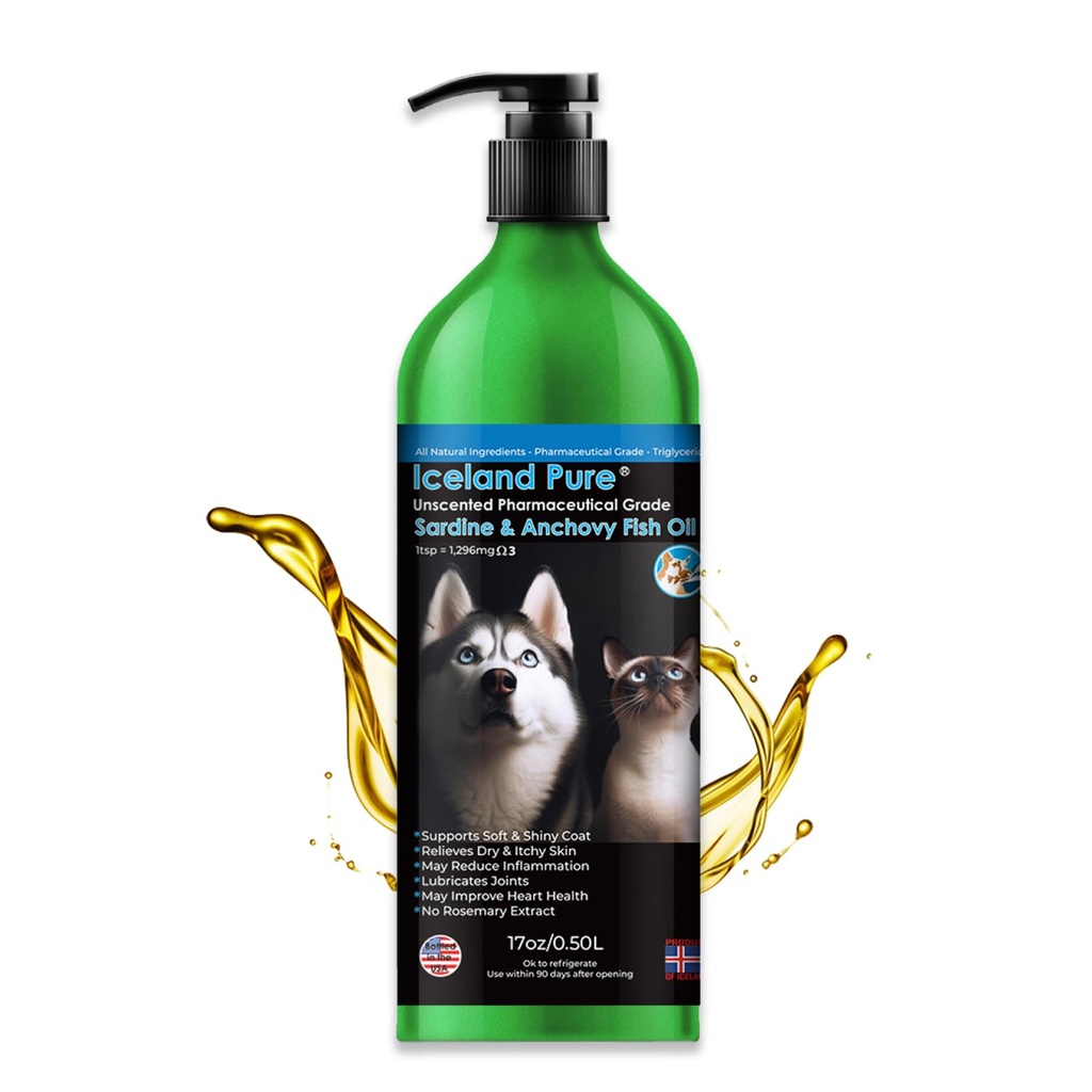 Sardine Anchovy Oil | 1296mg Omega | Unscented Pharmaceutical Grade | For Dogs & Cats | BPA-Free Brushed Aluminum Epoxy Coated Bottle with Pump 17 OZ
