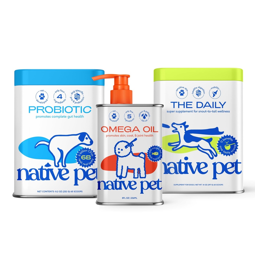 Native Pet Daily Wellness Bundle & Dog Probiotic Powder for Gut – 11-in-1 Vitamins and Supplements, Omega 3 Fish Oil for Dogs & Canine Specific Probiotic Strains