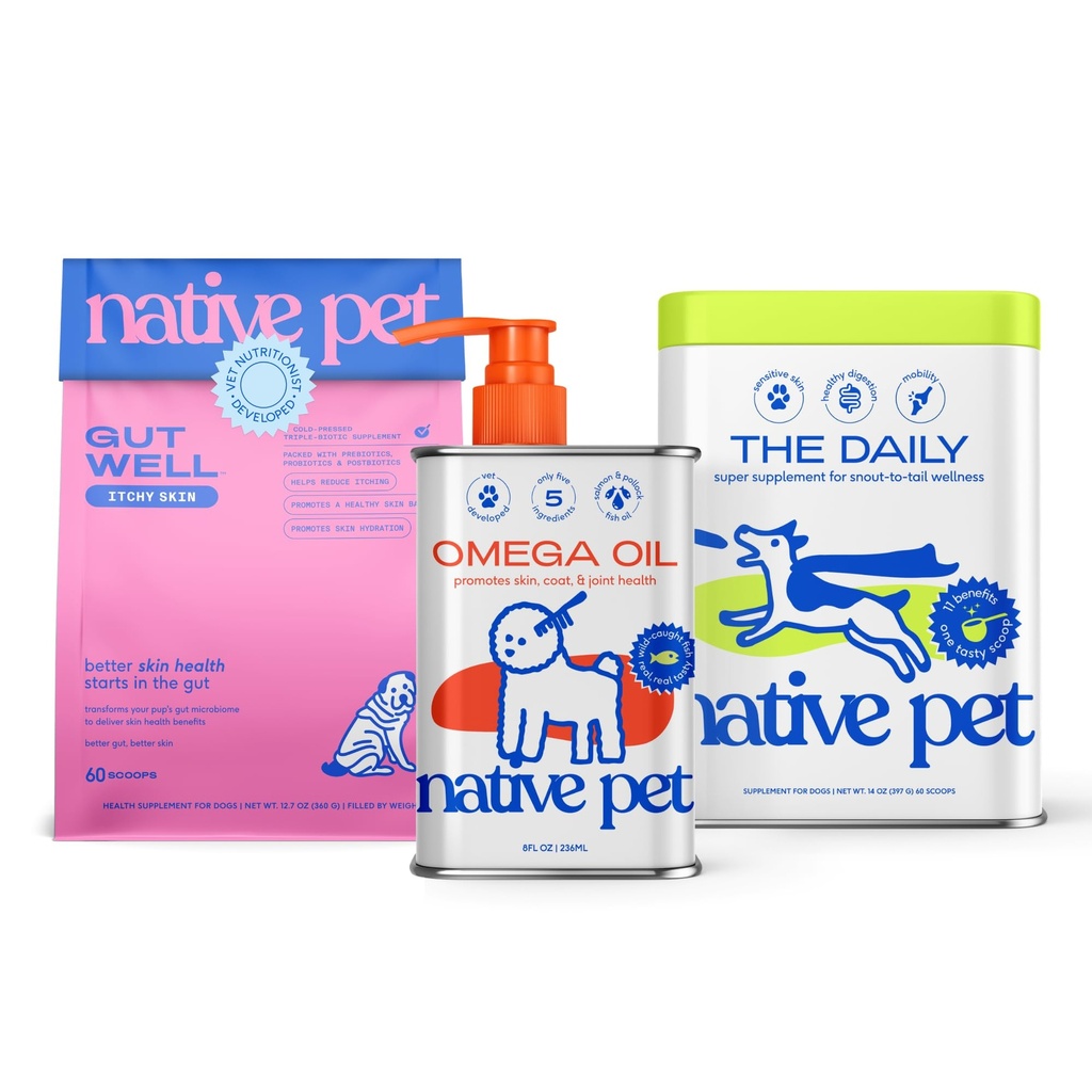 Native Pet Daily Wellness Bundle & Itchy Skin Relief for Dogs – 11-in-1 Vitamins and Supplements, Omega 3 Fish Oil for Dogs & Anti-Itch Supplement for Gut, Skin, Coat, Joint & Immune Support