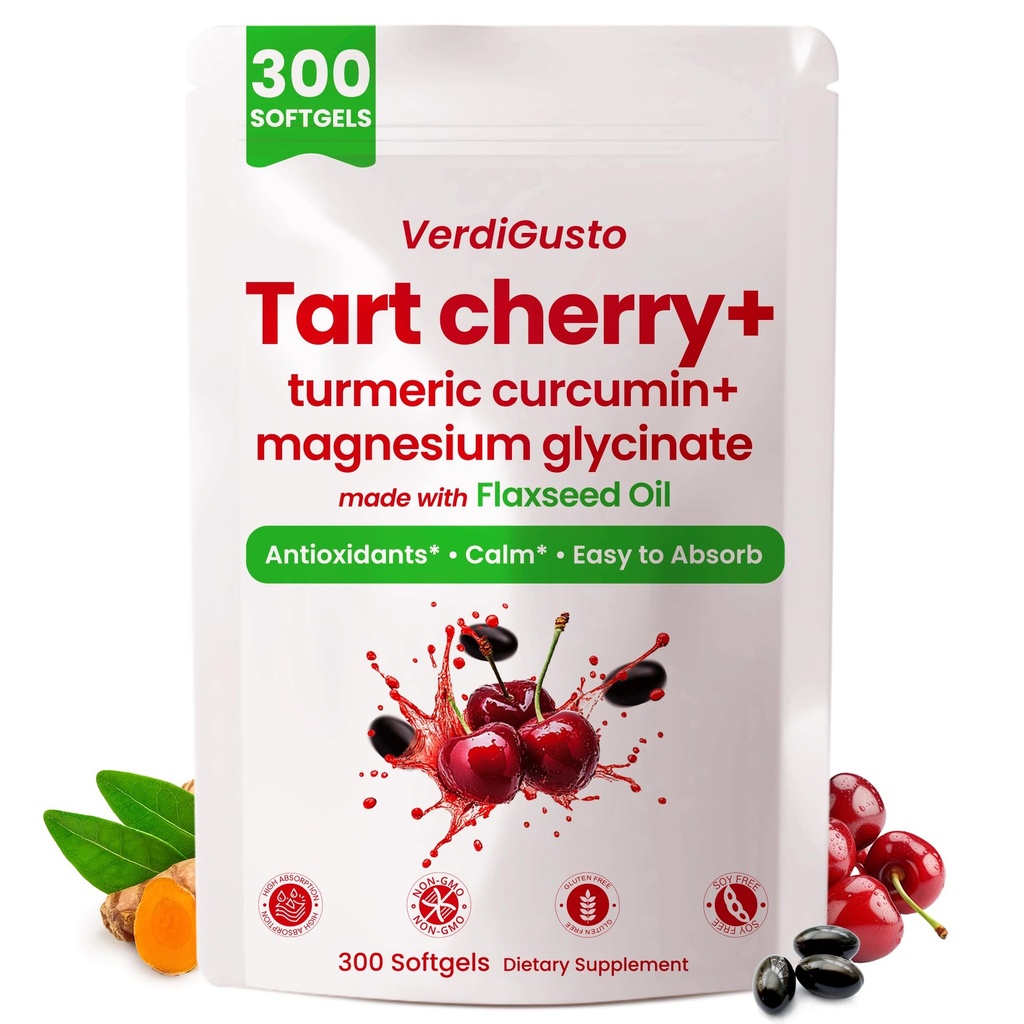 Tart Cherry Softgels | 500mg Cherry Extract Supplement | 300 Count | Magnesium Glycinate & Turmeric | Antioxidant Support | Tart Cherry Supplement with Flaxseed Oil | Gluten Free, Non-GMO, Soy Free