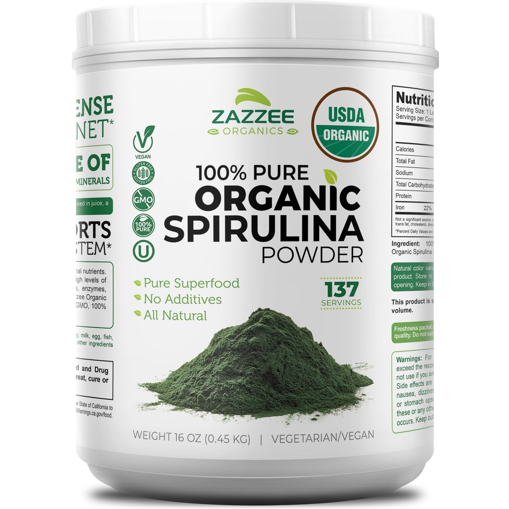 Zazzee USDA Organic Spirulina Powder, 16 Ounces (1 LB), 137 Servings, Certified Kosher, 100% Pure, Non-Irradiated, Mess-Free Wide Mouth Container, Fresh Smell and Neutral Taste, Non-GMO, Made in USA