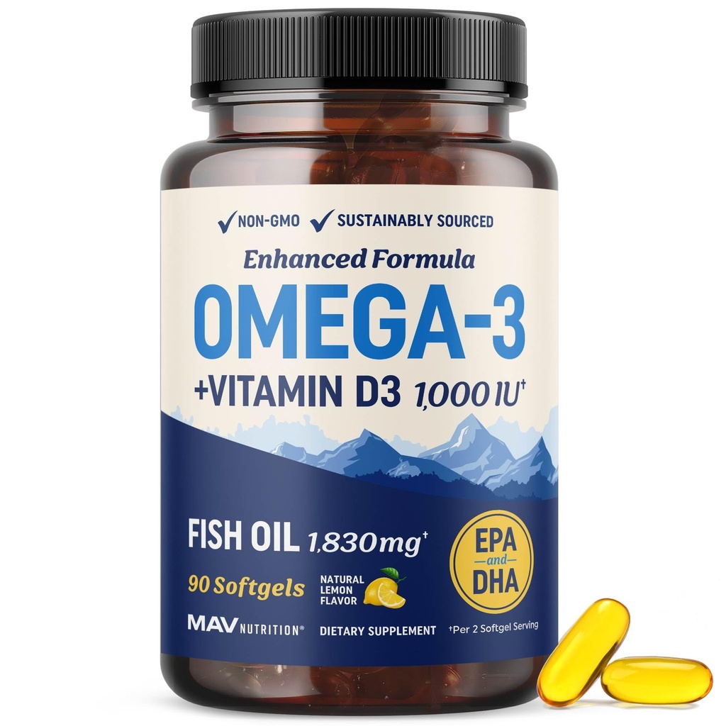 Omega 3 Fish Oil with Vitamin D3 | 1280MG Omega3 + 1000IU VIT D3 for Heart, Immune & Bone Health Support | EPA DHA Omega 3 Supplement | Sustainably Sourced, Non-GMO Fish Oil Vitamin D | 90 Softgels