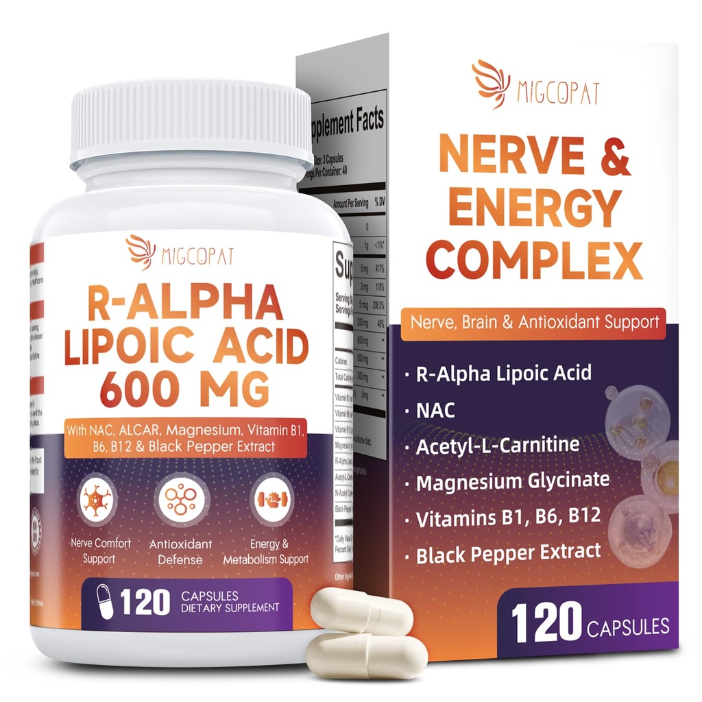 Migcopat R-Alpha Lipoic Acid 600mg, Neuropathy Supplements with ALCAR, NAC, Magnesium, Active B-Vitamins | Antioxidant for Energy & Nervous System Support, Non-GMO, Gluten Free, Vegan, 120 Capsules