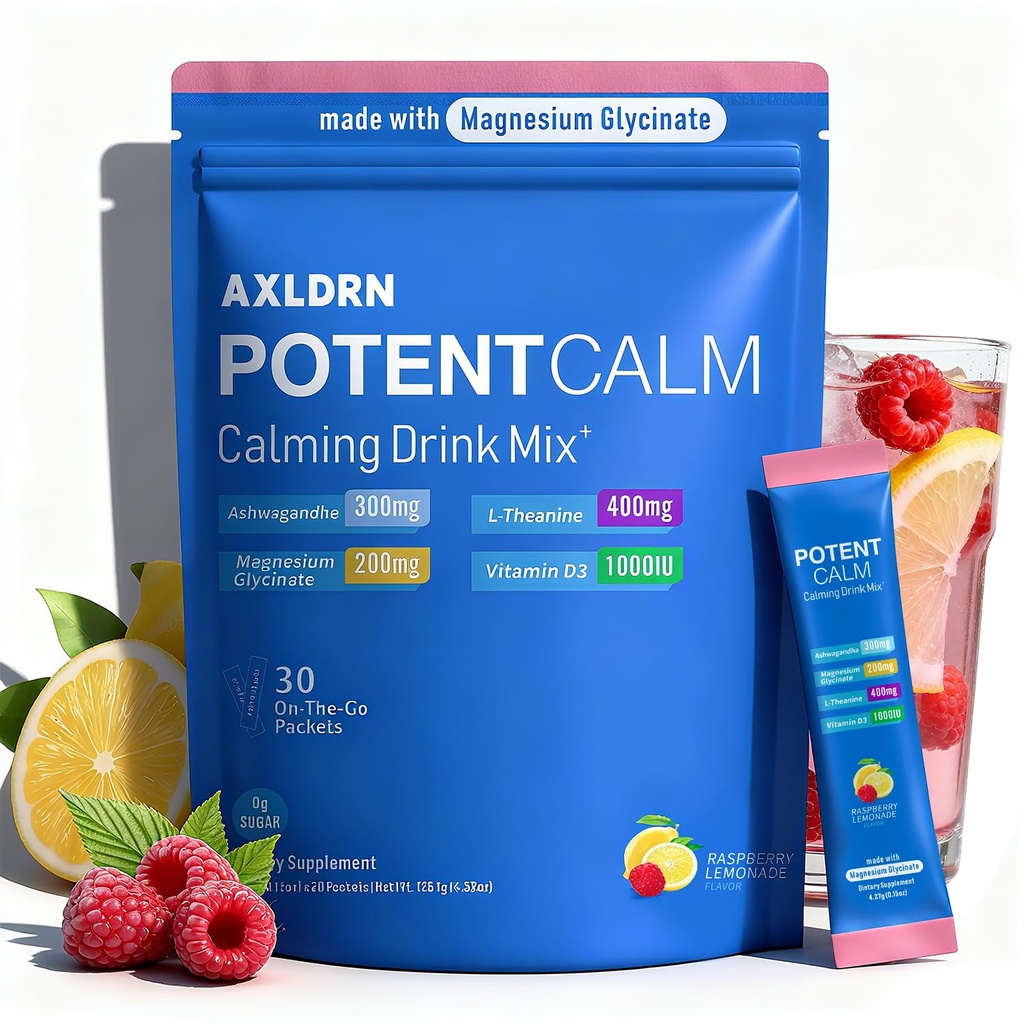 PotentCalm Super Cortisol Drink, Magnesium Glycinate Powder, L-theanine, Ashwagandha, Vitamin D, No Sugar, Raspberry Lemonade Electrolytes Powder - 30 Servings