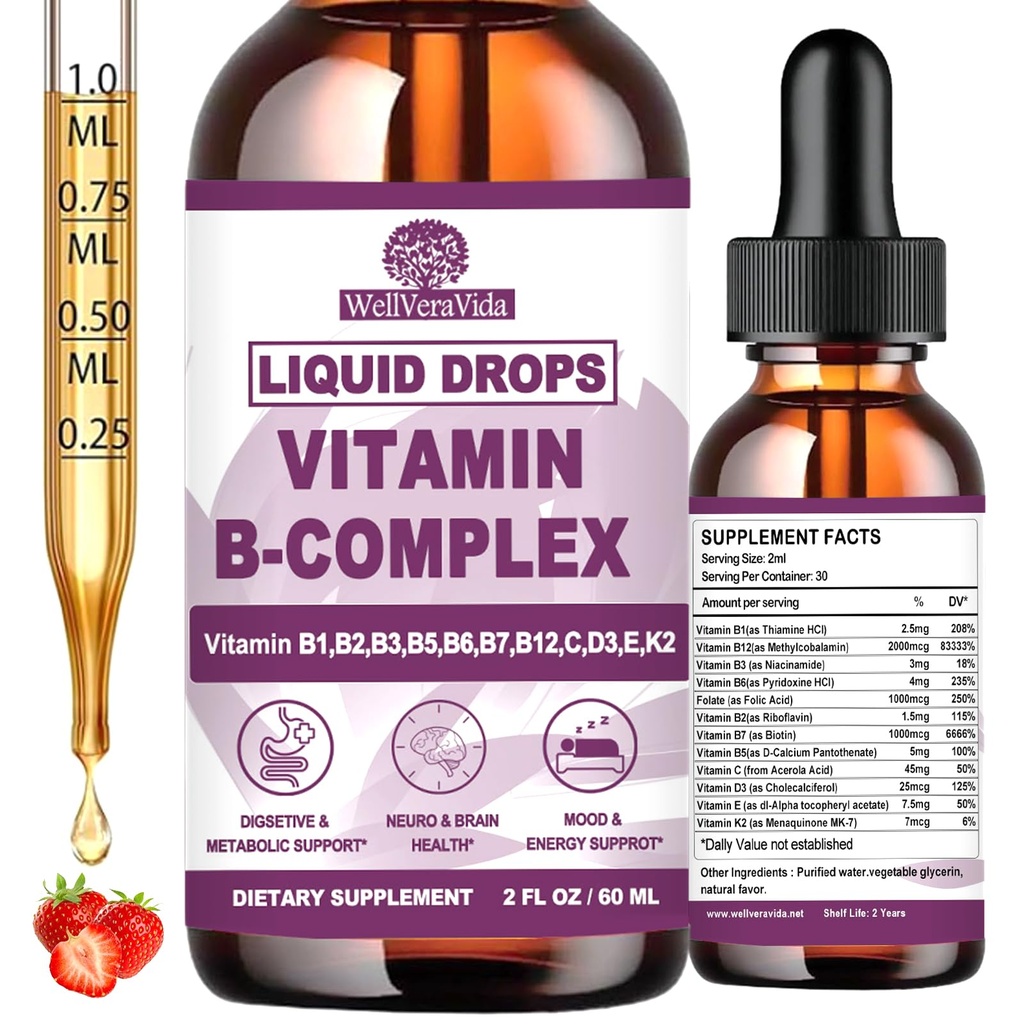 Vitamin B Complex Liquid Drops for Women Men & Kids, Sublingual B Complex Vitamins w/ Vit C B12 B6 B1 Niacin B9 Folate, Support Brain Neuropathy, Mood & Energy, Fast Absorb B-Complex Drops丨 Vegan 2Oz