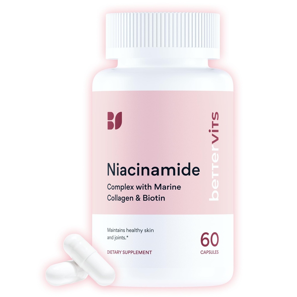 Bettervits Niacinamide Supplement with Vitamin B3, Marine Collagen & Hyaluronic Acid | High-Strength Vitamin B3 Capsules 300 mg. with Turmeric for Energy Metabolism & Skin Support - 60 Capsules